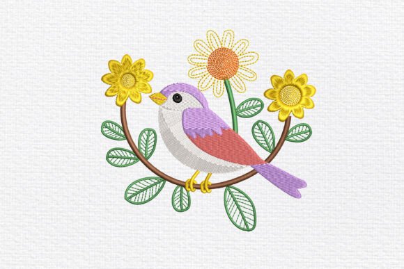 Pastel Bird on Flower Arch Embroidery